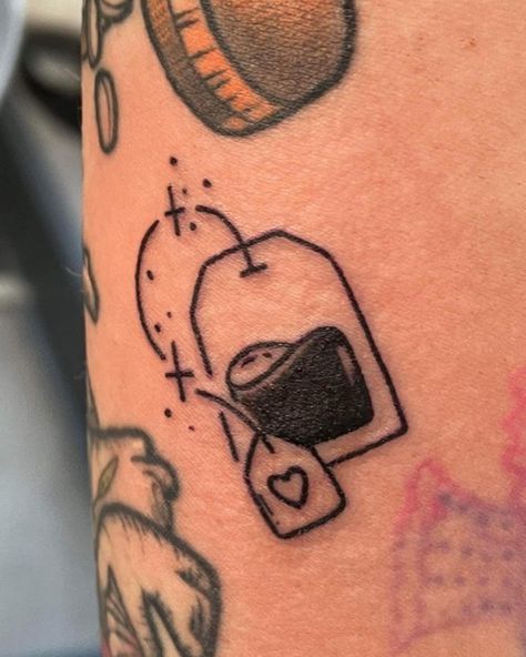 Yea Bag Tattoo, Microwave Tattoo, Tea Tattoo Ideas, Tea Bag Tattoo, Teabag Tattoo, Travel Tattoo Ideas, Bag Tattoo, Tea Tattoo, Bachelorette Tattoos