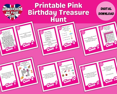 Create the birthday treasure hunt of dreams with these printable clues and instructions for how to set your indoor treasure hunt up! Barbie Scavenger Hunt, Birthday Treasure Hunt, Birthday Scavenger Hunt, Indoor Birthday, Scavenger Hunt Birthday, Barbie Kids, Pink Printable, Birthday Letters, Pink Barbie