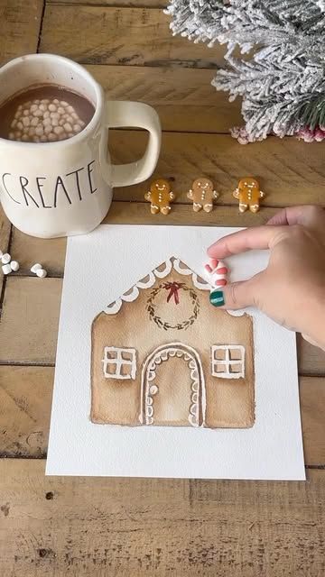 Bree Copley on Instagram: "Get into the holiday spirit and paint these sweet  watercolor gingerbread houses! Set up a hot cocoa bar and invite your friends over for a cozy little paint night! ✨🎨   Here is what you will need :   -WATERCOLOR PAPER , I use @archespapers  -WATERCOLOR PAINT 🎨 Colors : burnt sienna , sap green and crimson red  -MASKING FLUID , this helps to preserve the white of the paper . Apply it where you want your frosting to be and let it dry completely before you paint the house.  Remove once painting is dry.   Let me know if you want the link for the paint supplies and cocoa bar." Watercolor Gingerbread, Sharing With Others, Sap Green, Dry Brush Technique, Tree Watercolor Painting, Adding Details, Happy Painting, Winter Watercolor, Watercolor Landscapes