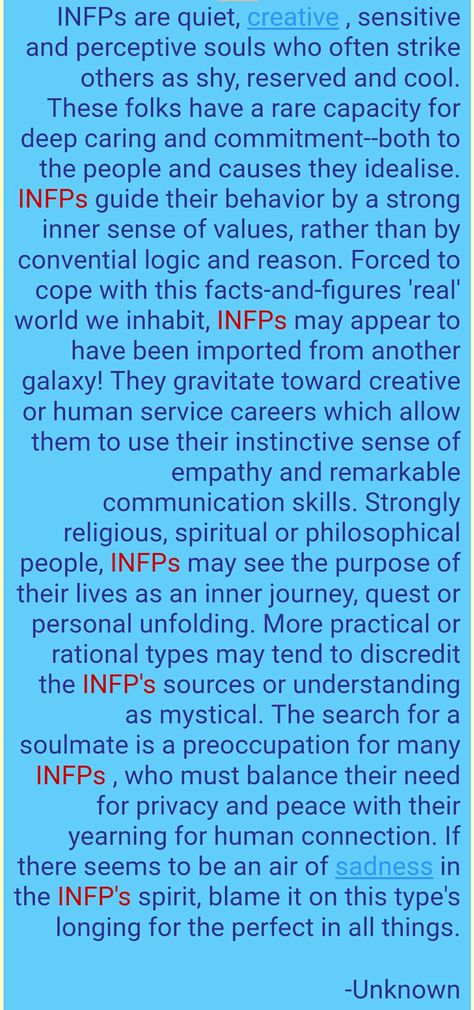 "More practical or rational types may tend to discredit the INFP's sources or understanding as mystical." <---- Yes, I am a Unicorn!! #INFP Truths exposed! Infp Writers, Infp Empath, Infp Things, Infp T Personality, I Am A Unicorn, Meyers Briggs, Introvert Personality, Infp Personality Type, Inner Journey