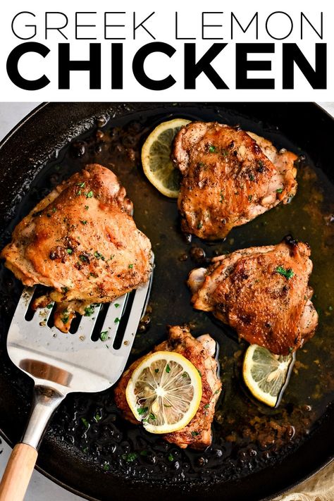 This easy recipe for Greek Lemon Chicken is made with juicy chicken thighs marinated in the most flavorful lemon and garlic marinade. Pan-seared and then baked to golden perfection, enjoy this delicious chicken recipe with all of your favorite Greek-inspired side dishes. Greek Chicken Thigh Recipes, Recipes With Chicken Breast, Lemon Chicken Thighs, Juicy Chicken Thighs, Garlic Marinade, Best Healthy Dinner Recipes, Greek Potatoes, Small Lunch, Meat Eater