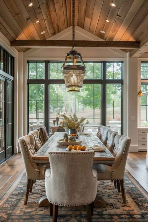 40 Farmhouse Dining Room Ideas for a Cozy and Elegant Look Large Farm Table Dining Rooms, Country Dining Rooms Farmhouse, Large Dining Room Table For 12 Farmhouse, Dining Room Conservatory Ideas, Cozy Farmhouse Dining Room Ideas, All Window Dining Room, Farm Table Decor Ideas, Dining Room By Fireplace, Dining Room Table For 10-12