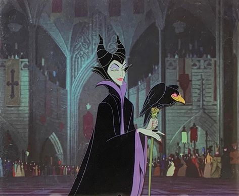 Original hand painted and hand inked production animation cels of Maleficent's Body, Maleficent's Arm & Staff, and Diablo set on a lithographic background from "Sleeping Beauty," 1959, Walt Disney Studios; Production numbers in ink lower cel edges; Size - Maleficent & Diablo: 9 x 6 1/2", Image 11 x 13 1/2"; Unframed. Maleficent Animated, Atlantis Disney, Sleeping Beauty Tattoo, Gothic Fairy Tattoo, Zootopia Concept Art, Concept Art Landscape, Maleficent Disney, Hercules Disney, Sleeping Beauty 1959