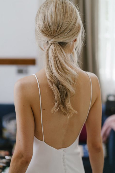 A Bride in The OWN Studio For Her Intimate City Dinner Party Wedding | Love My Dress® - Wedding Inspiration Daily Modern Bridal Ponytail, Short Wedding Ponytail, Romantic Low Ponytail, Short Hair Low Ponytail Wedding, Classy Wedding Ponytail, Updos For Medium Length Hair Wedding Bridesmaid Pony Tails, Day Wedding Hair Guest, Bridal Low Ponytail Hairstyles, Cocktail Wedding Hairstyles