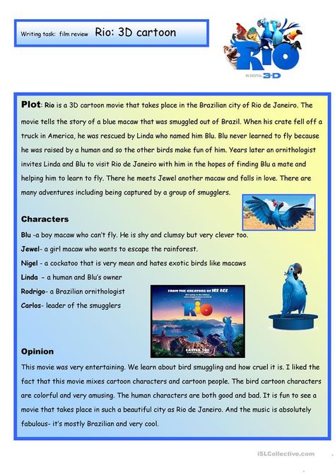 Creative Writing:A Film Review #12 A2 Level - English ESL Worksheets Film Rio, What To Write About, Essay Writer, Creative Writing Prompts, Writing Tasks, What To Write, Argumentative Essay, English Movies, Writing Prompt