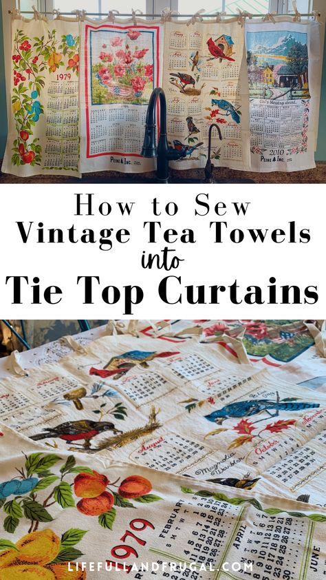 Repurpose Tea Towels, Curtains Made From Dish Towels, Upcycled Tea Towel, Vintage Tea Towel Display, How To Display Kitchen Towels, Vintage Dish Towels, Tea Towel Upcycle, Vintage Tea Towels Repurposed, Tea Towel Top