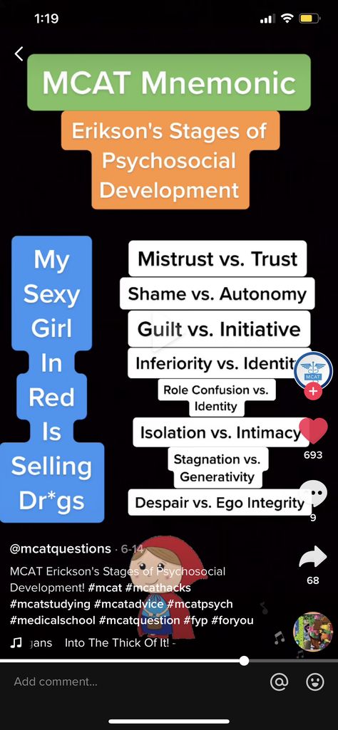 Eriksons Stages Of Development Mnemonic, Eriksons Stages Of Development Nursing, Mcat Mnemonics, Erickson Stages Of Development, Eriksons Stages Of Development, Erikson Stages, Stages Of Psychosocial Development, Mcat Motivation, Nursing Essentials