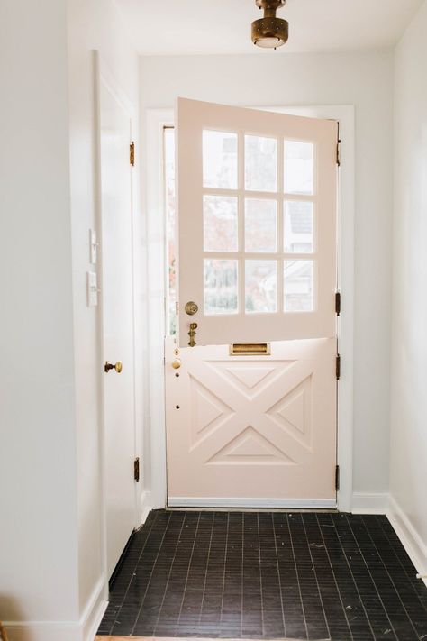 Vintage Metal Glider, Dutch Door Interior, Pink Cabinets, Entryway Tile, Modern Renovation, Retro Renovation, Door Interior, Dutch Door, Making Space