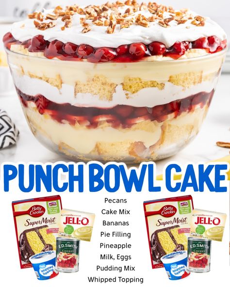 This stunning punch bowl cake has a unique twist that makes it stand out: it’s served in a punch bowl! With layers of light and fluffy sponge cake, creamy pudding, fresh fruit, and whipped topping, this cake is sure to be a hit. Snacks For Retirement Party, Punch Bowl Cake Recipe Easy, Punchbowl Cakes, Strawberry Punch Bowl Cake, Punch Bowl Cake Recipe, Fluffy Sponge Cake, Persnickety Plates, Strawberry Punch, Punch Bowl Cake