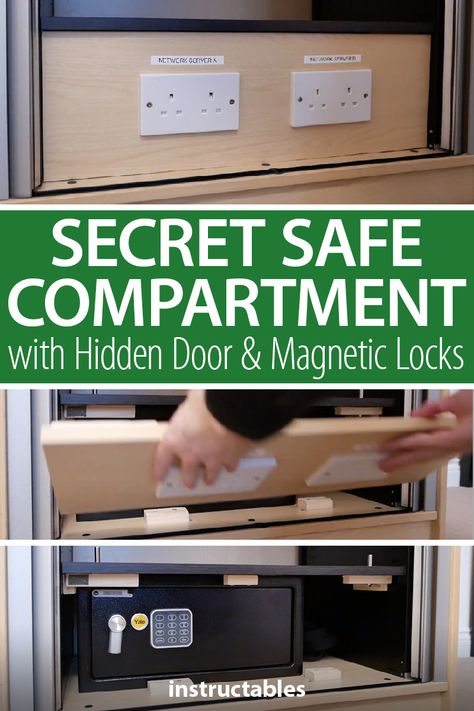 Using a false front, create a secret safe compartment with a hidden door with magnetic locks. #Instructables #workshop #woodworking #safety #security #concealed Hidden Home Safe Ideas, Magnetic Lock Hidden, Safety Box Hidden Wardrobe, Home Safes Hidden, Hidden Safe In Wardrobe, Hidden Storage Closet, Hidden Safe Ideas In Closet, Secret Safe Hiding Places, Hidden Wall Safe Ideas