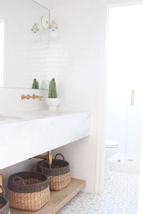 Floating Sink, Zen Bathroom, White Tile Floor, Diy Bathroom Storage, Interior Minimalista, White Subway Tile, Boho Bathroom, Floating Vanity, Diy Bathroom Decor