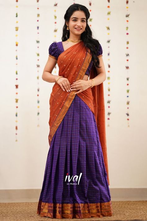 Silk Half Saree Lehenga, Langa Davani Designs, Half Saree Lehenga Langa Voni, Davani Half Saree, Simple Half Saree, Half Saree Designs Simple, Traditional Half Saree Designs, Langa Voni Half Saree, Silk Half Saree