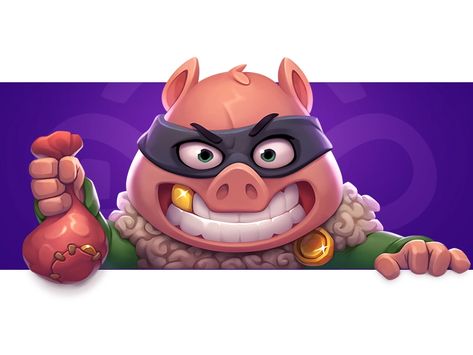 NestStrix | Dribbble Character Design Animals, Thief Illustration, Thief Character, Digital Rendering, Pig Character, Pig Games, Board Game Design, Casual Art, Pig Cartoon