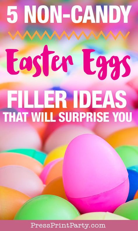 5 non-candy Easter Egg Filler Ideas that will surprise you! Fill your kids' plastic Easter eggs with creative and unique things that are not junk or candy. You'll find 5 fun ideas with related Easter Sunday activities for the rest of the day. Occupy the kids all day at the party, not just the Easter egg hunt. For any age, toddlers, or older kids, teenagers, tweens, boys or girls. Candy alternative - Stay healthy. #partyideas #eastereggs #easteregghunt Press Print Party! Things To Put In Easter Eggs Not Candy, Easter Egg Stuffers Non Candy, Easter Egg Alternatives, Non Candy Easter Egg Fillers, Easter Egg Filler Ideas, Egg Filler Ideas, Birthday Party Planner Printable, Easter Coupons, Easter Egg Stuffers