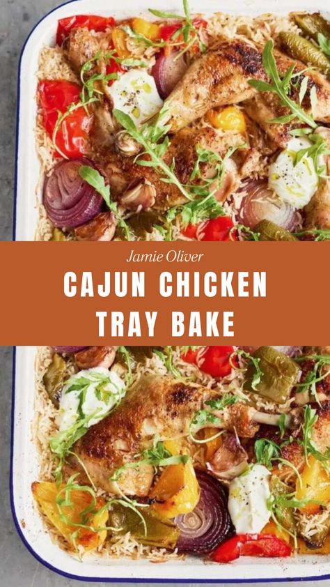 Jamie Oliver Cajun Chicken Tray Bake Chicken And Rice Tray Bake, Tray Bakes Dinner, Jamie Oliver Roast Chicken, Chicken Tray Bake Recipes, Easy Cajun Chicken, Traybake Recipes, Jamie Oliver Chicken, Cajun Chicken And Rice, Chicken Traybake