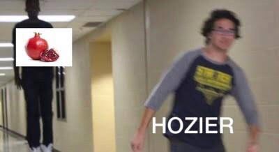 The meme of a person running down a hallway while someone levitates in the background, with the person running labelled ‘Hozier’ and the person levitating is a picture of a pomegranate Hozier Pomegranate, Hozier, Pomegranate, Running