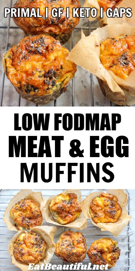 Great for breakfast, lunch, snack or dinner, Low FODMAP Meat and Egg Muffins are super satisfying and convenient. Gentle to digest, Keto, Grain-free, Gluten-free, Primal and GAPS. 2 net carbs per muffin! | low fodmap | meat | egg | muffin | keto | gluten free | primal | grain free || #lowfodmap Fodmap Breakfast, Low Carb Low Fat Recipes, Savory Muffins, Egg Muffins, Low Fodmap Recipes, Fodmap Recipes, Low Carb Dinner Recipes, Primal Paleo, Gluten Free Breakfasts