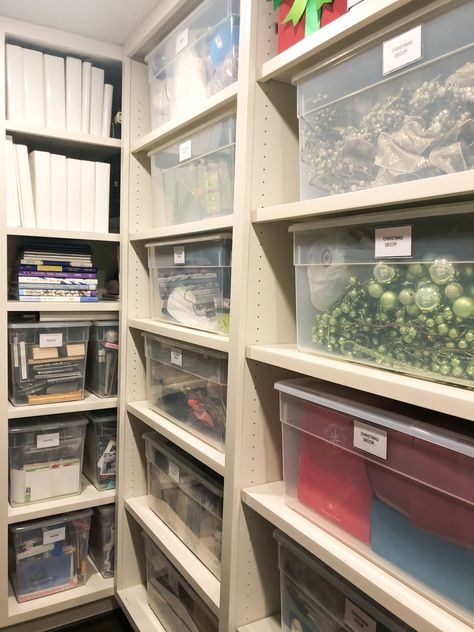 Seasonal Storage Closet, Seasonal Decor Storage Organizing Ideas, Christmas Organization Storage, Christmas Tree Closet, Holiday Decor Storage Ideas, Container Store Closet System, Seasonal Decor Storage, Christmas Storage Ideas, Holiday Decor Storage