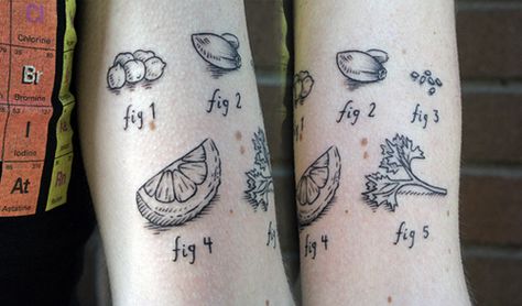 Ingredients for hummus tattoo. | 28 Incredible Tattoos Dedicated To Food Culinary Tattoos, Avocado Tattoo, Pizza Tattoo, Chef Tattoo, Food Tattoos, Chic Tattoo, Mayday Parade, Tattoos Skull, Incredible Tattoos