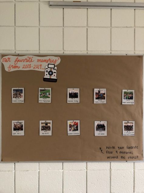 Bulletin board with tan backing paper. Shows the floor’s favorite memories in “Polaroids” from throughout the year and leaves space for residents to write their own favorites! Polaroid Door Decs, College Bulletin Board Ideas Resident Assistant, College Bulletin Boards Residence Life, Midterm Bulletin Board Ra, Ra Bulletin Boards New Semester, End Of Semester Bulletin Board Ra, September Bulletin Boards, Resident Assistant Bulletin Boards, Door Decks