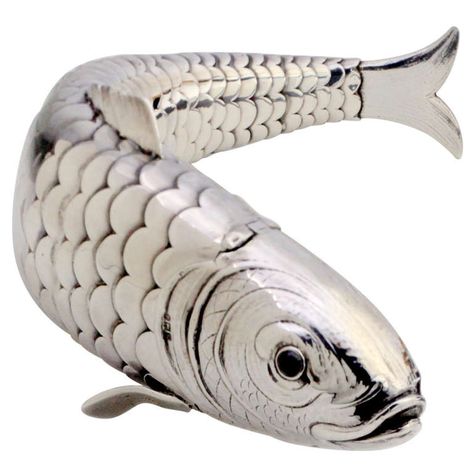 Articulated Fish, Figural Jewelry, Silver Fish, Red Gemstones, Silver Box, Metal Crafts, Fish Art, Red Eyes, Animal Sculptures