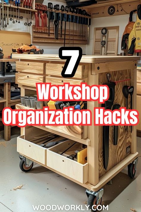 Discover clever organization hacks for your woodworking workshop! Learn space-saving tips, storage solutions, and create a more efficient workspace. Streamline your woodworking projects with these expert tips! 🛠️ #WorkshopOrganization #WoodworkingTips #DIYProjects #HomeImprovement #Woodworkers Milwaukee Workshop Storage, Diy Workshop Organization Ideas, Wood Workshop Organization, Dream Workshop Woodworking, Mancave Workshop Ideas, Tool Storage Cabinets Diy, Diy Tool Cart Ideas, Upholstery Workshop Layout, Wood Shop Work Table