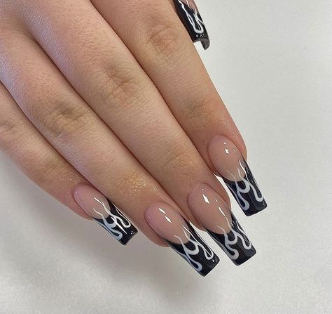 French Nails With Flames, Black Nails White Flames, French Tip Nails Flames, Flaming Nails Designs, Flame French Nails, Black Chrome Flame Nails, French Tips With Flames, Short Acrylic Nails Flames, Flame Outline Nails