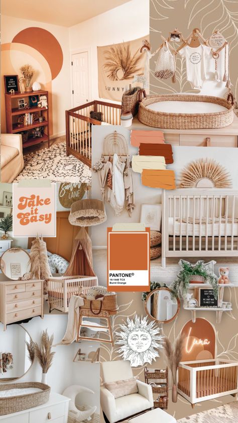 Baby nursery decor inspo | girl 🕊💕🍼✨ Burnt Orange And Cream Nursery, Burnt Orange Boho Nursery, Burnt Orange Nursery Gender Neutral, Burnt Orange Baby Nursery, Nursery Triplets, Rust Orange Nursery, 70s Nursery Theme, Orange Nursery Girl, Green And Orange Nursery