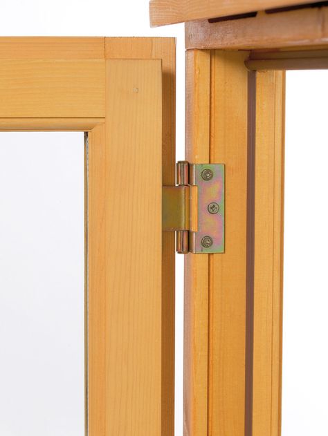 Types of Window Mechanisms: There are several different mechanisms used to open windows. How a window opens can have implications on how the space in a room is used  clearance may be needed to enable the window to be opened. Some types, known as "tilt-and-turn windows," have combination hinges and can open vertically or horizontally, depending on how the handle is operated. The opening mechanism of an existing window cannot normally be changed.        A butt hinge is the simplest… Types Of Hinges, Gable Window, Tilt And Turn Windows, Window Hinges, Metal Windows, Window Architecture, Small Hinges, Steel Windows, Dormer Windows