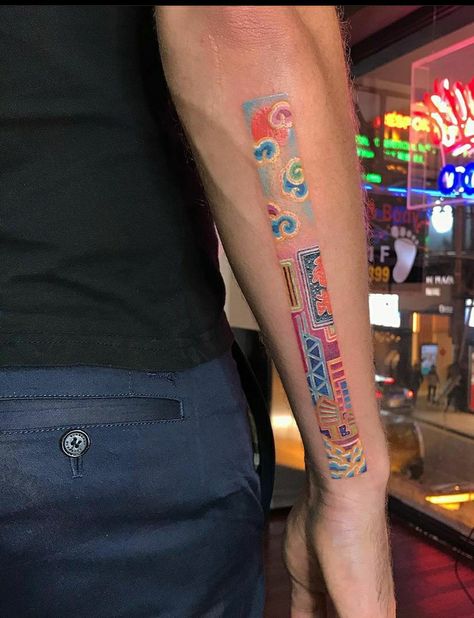 Colored Writing Tattoo, Colourful Line Tattoo, Color Test Tattoo, Faded Color Tattoo, Colorful Tattoos For Men, Neon Tattoos, Arm Tattoos Color, Hong Kong Tattoo, Yellow Tattoo