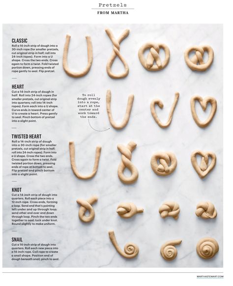 Pretzel Shapes Guide from Martha Stewart February 2016 Making Pretzels, Pretzel Shape, Homemade Pretzels, Homemade Soft Pretzels, Pretzels Recipe, Thai Dessert, Soft Pretzels, Pretzels, Pavlova