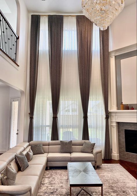 Drapes. Curtains. Living Room Interior Design Double Height Curtains High Ceilings, High Ceiling Living Room Curtains & Drapes, High Ceiling Living Room Windows, Extra Long Curtains For High Ceilings, Modern Living Room Tall Ceilings, Wall Drapes Living Room, Curtains Tall Windows, Modern House Curtains Interiors, Vaulted Ceiling Curtain Ideas