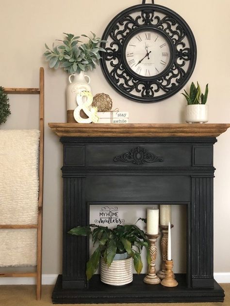 Fireplace Mantel Decor Ideas, Painted Fireplace, Faux Fireplace Mantels, Tv Ideas, Mantel Decor Ideas, Fake Fireplace, Faux Fireplace Diy, Vintage Fireplace, Fireplace Mantle Decor