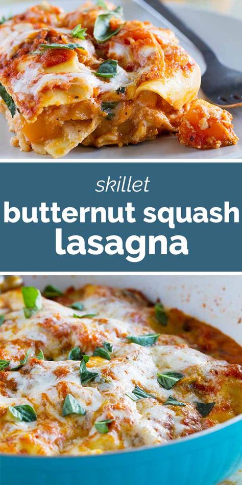 One skillet is all you need for this easy Skillet Butternut Squash Lasagna. Easy enough for a weeknight, and all you need is one pan! #recipe #oneskillet #onepan #lasagna #butternutsquash #vegetarian Butternut Squash Lasagna Recipe, Lasagna Easy, Squash Lasagna, Butternut Squash Lasagna, Squash Pasta, Pan Recipe, Easy Skillet, Spinach Lasagna, One Skillet