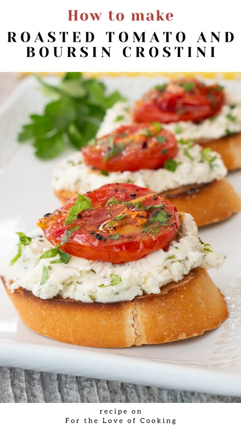 Crispy crostini, slathered with creamy Boursin cheese, topped with jammy roasted tomatoes, and fresh herbs.       #recipes #appetizers #fingerfood #crostini #boursin #tomato #tomatoes #roastedveggies #roastedtomatoes #partyfood #partysnacks Boursin Cheese Appetizer Recipes, Boursin Crostini, Boursin Cheese Appetizers, Crispy Crostini, Diy Appetizers, Boursin Appetizers, November Dinner, Party Food Sandwiches, Crostini Toppings