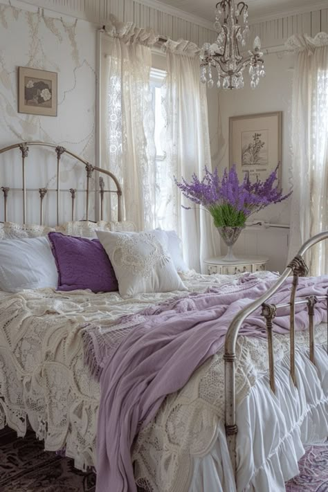 Vintage Master Bedrooms Decor, Purple Girly Things, Lavender Bedrooms, Lavender Boho Bedroom, Bedroom Solutions, Lavender Bedroom, Lavender Bedding, Lavender Room, Bedroom Purple