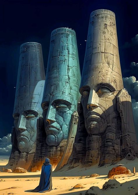 # **The faces of three ancients in the Chimera Desert, on Trappist-1-d**. Ancient Aliens Art, Ancient Sci Fi, Otherworldly Art, Desert Planet Concept Art, Alien Desert, Medieval Sci Fi, Fantasy Desert, Alien Landscape, Space Opera Art