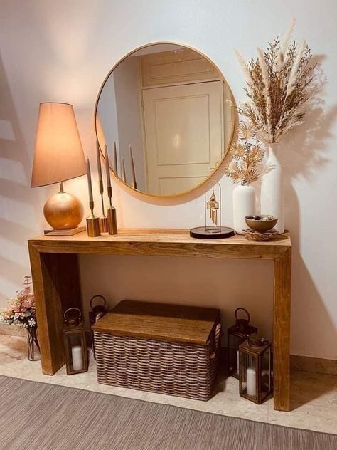 Boho Console Table Entryway, Apartment Console Table Entryway, Boho Glam Entryway, Coastal Small Entry Table, Under Television Decor, Entryway Table Boho, Boho Small Entryway Ideas, Small Boho Entryway Ideas, Hall Corner Decor Ideas