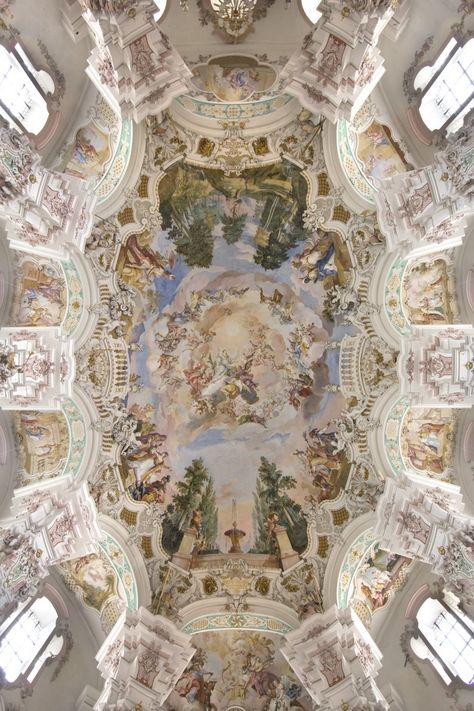 Ceiling fresco in the church Saint Peter and Paul, Steinhausen, 1731. The four continents pay homage to the Virgin Mary. Saint Peter And Paul, Ceiling Fresco, Beautiful Ceilings, Architecture Ceiling, Ceiling Painting, Wall Scroll, Baroque Painting, Rennaissance Art, Saint Peter