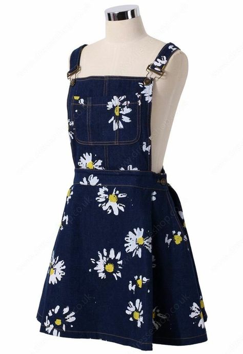 Embroidered Dungaree Dress, Cottagecore Dungarees, Daisy Overalls, Fitted Blue Daisy Print Dress, Casual Sleeveless Daisy Print Dress, Denim Dungaree Dress, Printed Denim Dress, Dungaree Dress, Cottagecore Outfits