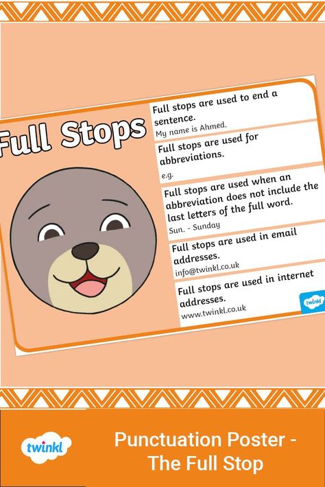 This fun poster is a fantastic way to teach your class about punctuation marks and specifically full stops. Simply download and print, then decorate your classroom with this colourful and informative poster. This poster includes the punctuation marks’ name, what it looks like, and even information about when it’s used in a sentence. This visual aid is wonderful for reinforcing your students’ learning in any English classroom. Full Stop Punctuation, Informative Poster, Punctuation Posters, Full Stop, Visual Aid, Classroom Display, Punctuation Marks, English Classroom, A Sentence