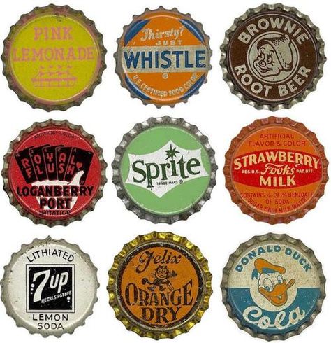 soda bottle caps between 1930s-1970s. Ceramic bottle cap project ideas from vintage caps. Vintage Soda Bottles, Soda Bottle, Vintage Packaging, Bottle Top, Vintage Bottle, Soda Bottles, Pop Bottles, Soda Pop, Bottle Caps