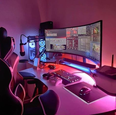 Desk Room, Best Gaming Setup, Computer Gaming Room, Computer Desk Setup, Gamer Setup, Home Studio Setup, Video Game Room Design, Rgb Led Strip Lights, Video Game Rooms