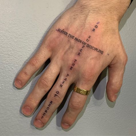 Never Regret Tattoo, Regret Tattoo Ideas, Self Discipline Tattoo, Discipline Tattoo Ideas, Pain Tatoos Ideas, Discipline Tattoo, Body Tattoo Design, Wrist Tattoos For Guys, Back Tattoos For Guys