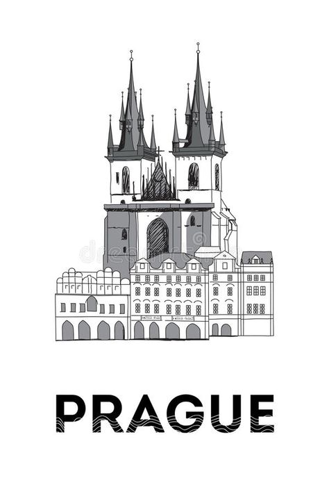 Prague Highlights Instagram, Prague Illustration, Prague Dancing House, Town Drawing, Square Drawing, Prague Old Town, Dancing House, Building Drawing, Old Town Square