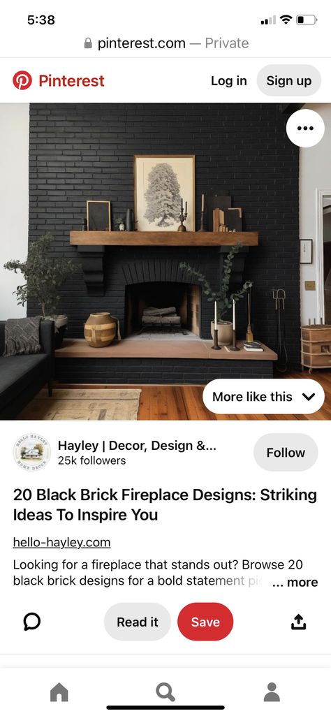 Large Black Brick Fireplace, Dark And Moody Fireplace, Black Fireplace Hearth, Black Rock Fireplace, Moody Fireplace, Moody Den, Black Brick Fireplace, Painted Stone Fireplace, Moody Home Decor