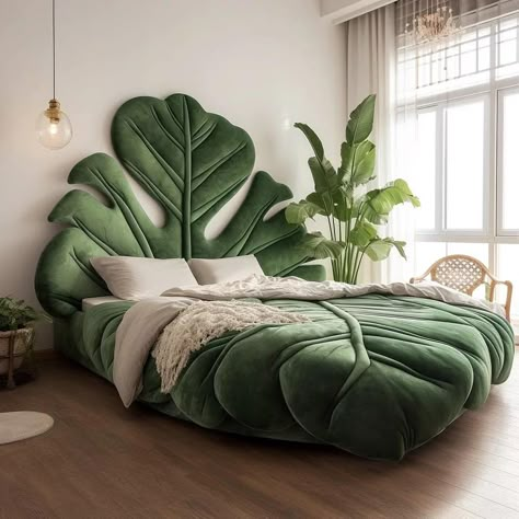 A mid-century modern bedroom with vintage furniture, sleek lines, and warm wood tones. Leaf Bedroom Decor, Funky Bed, Cool Bed Frames, Unique Bed Frame, Unique Bed Frames, Unique Bed Design, Deliciosa Plant, Luxury Headboard, Cool Bed