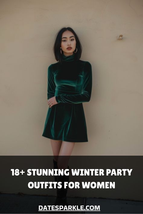 Woman wearing a green velvet dress, standing against a neutral background. Winter Party Style, Winter Party Outfits, Winter Party Outfit, Party Outfits For Women, Winter Parties, Velvet Wrap Dress, Party Outfit Ideas, Winter Chic, Winter Party