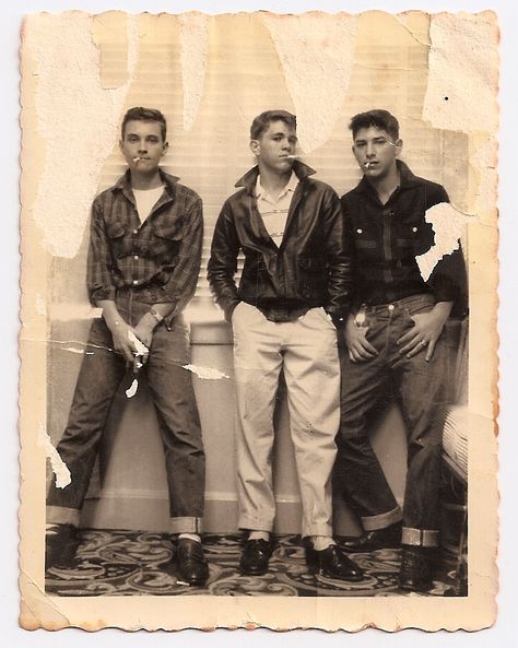 My grandfather passed away a few years ago and I found this damaged pic of him as a badass teenager (middle). Are there any photoshop wizards that can help me out? - Imgur