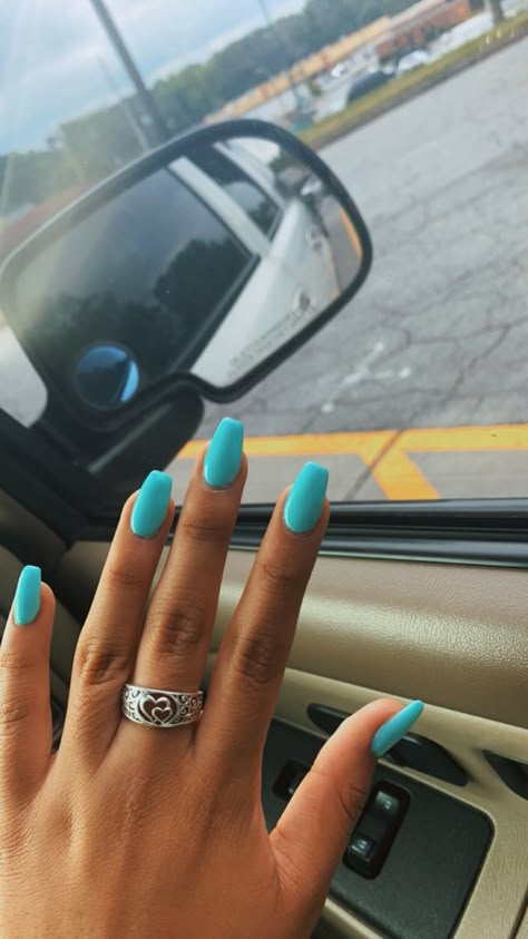 Summer Nails Square Round, Teal Nails Coffin, Plane Color Nails, Teal Nail Color, Summer Nails Colors Acrylic, Torquise Nails Acrylic Short, Turquoise Acrylics, Turquoise Nails Coffin, Teal Coffin Acrylic Nails